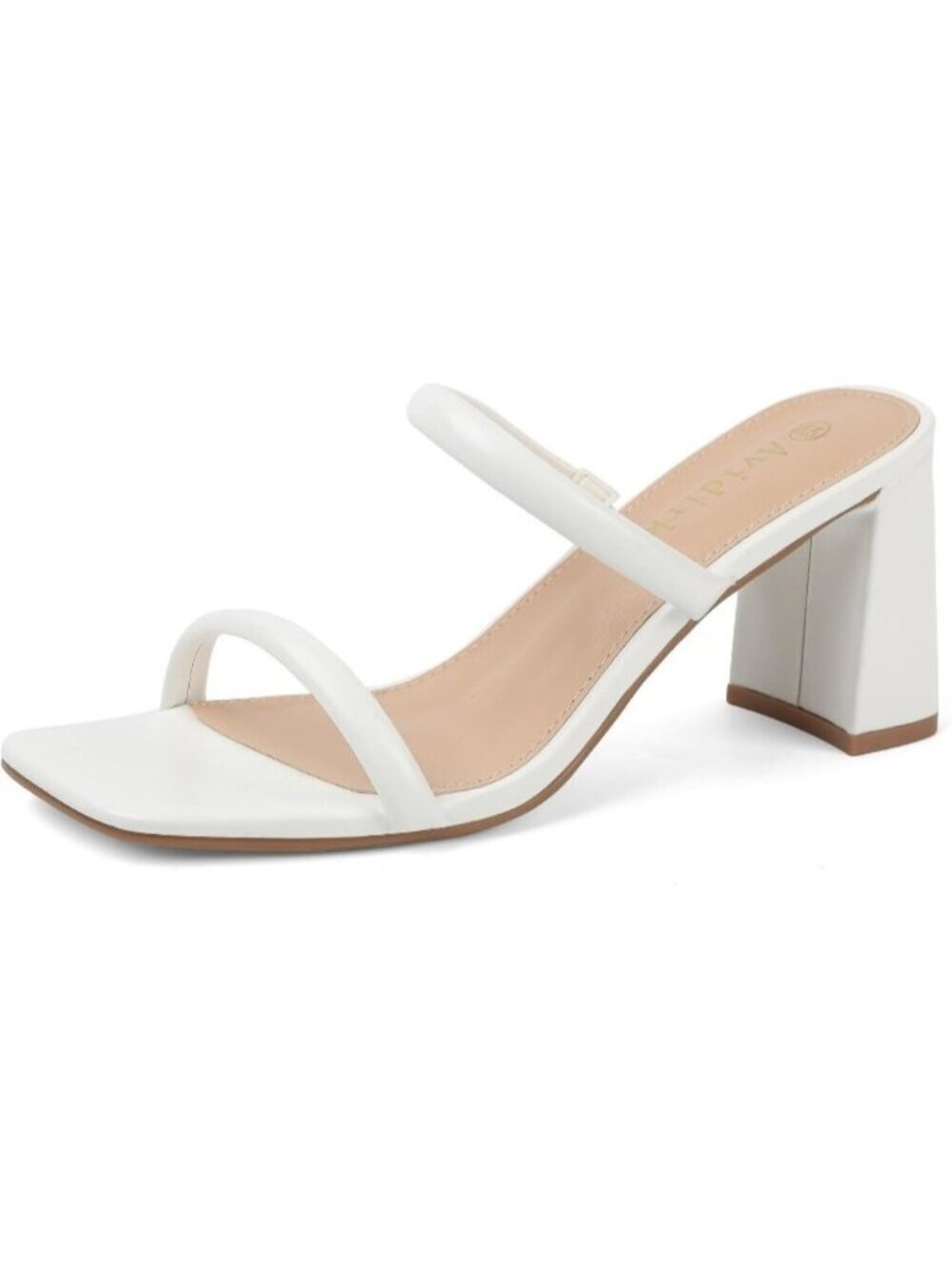 🆕Women's White Leather Square Open Toe Two Strap Block Chunky Heeled Sandals
